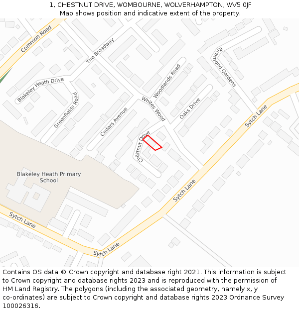 1, CHESTNUT DRIVE, WOMBOURNE, WOLVERHAMPTON, WV5 0JF: Location map and indicative extent of plot