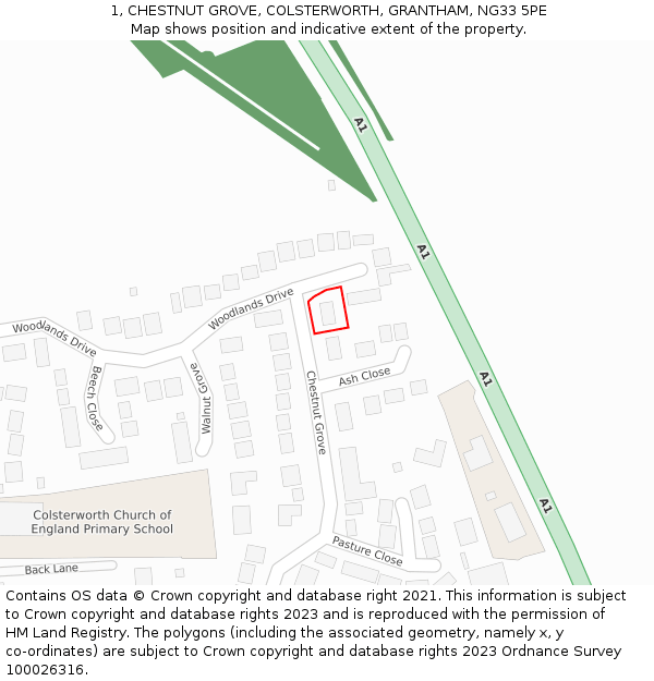 1, CHESTNUT GROVE, COLSTERWORTH, GRANTHAM, NG33 5PE: Location map and indicative extent of plot