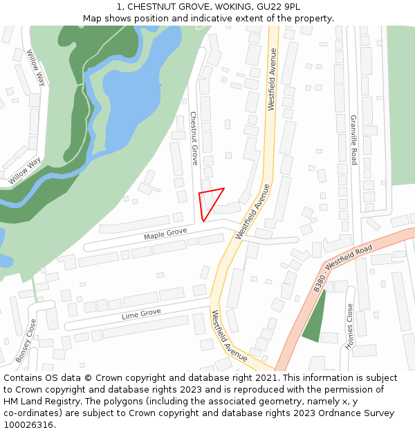 1, CHESTNUT GROVE, WOKING, GU22 9PL: Location map and indicative extent of plot