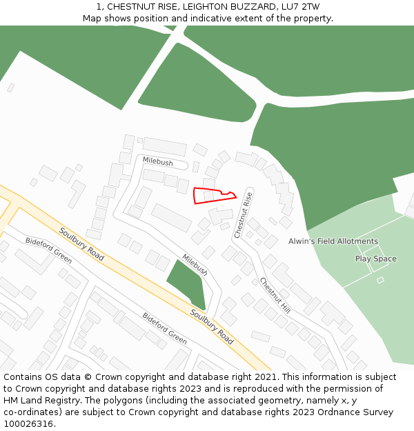 1, CHESTNUT RISE, LEIGHTON BUZZARD, LU7 2TW: Location map and indicative extent of plot