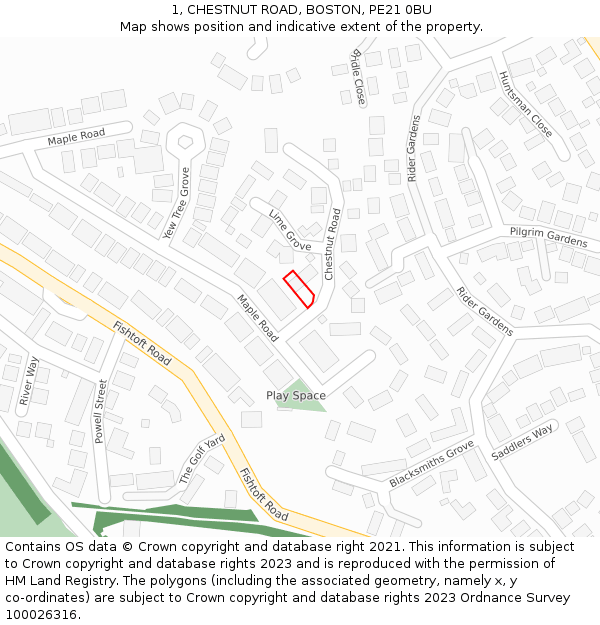 1, CHESTNUT ROAD, BOSTON, PE21 0BU: Location map and indicative extent of plot