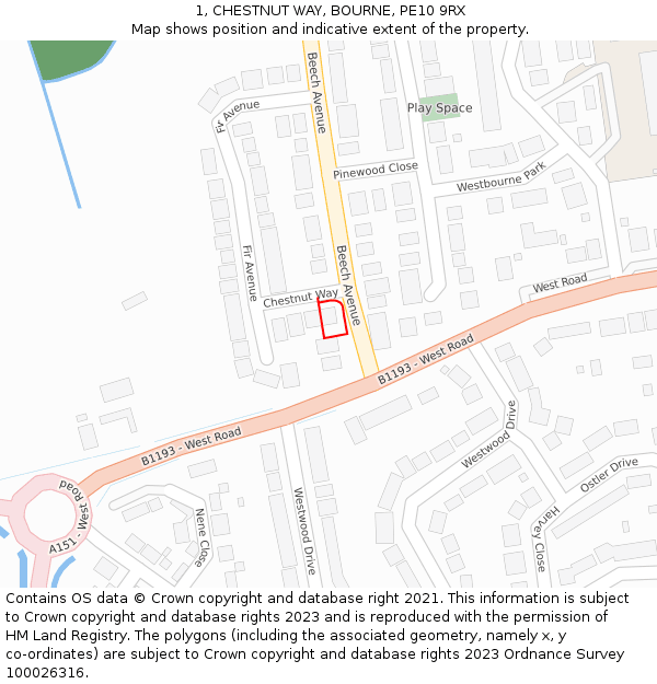 1, CHESTNUT WAY, BOURNE, PE10 9RX: Location map and indicative extent of plot