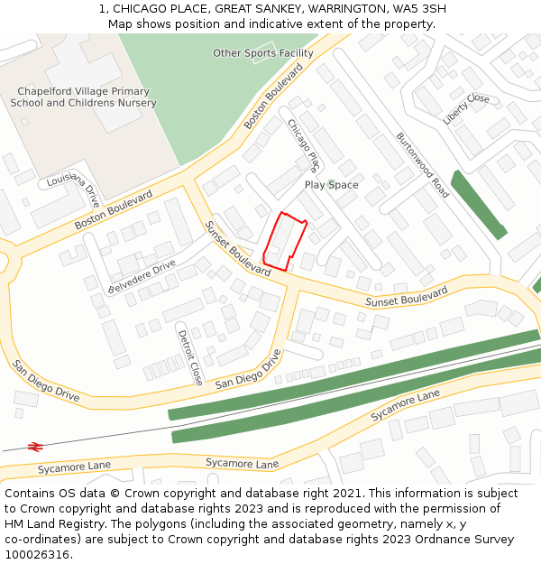 1, CHICAGO PLACE, GREAT SANKEY, WARRINGTON, WA5 3SH: Location map and indicative extent of plot