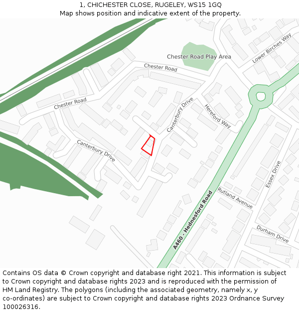 1, CHICHESTER CLOSE, RUGELEY, WS15 1GQ: Location map and indicative extent of plot