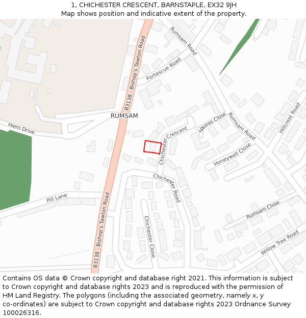 1, CHICHESTER CRESCENT, BARNSTAPLE, EX32 9JH: Location map and indicative extent of plot