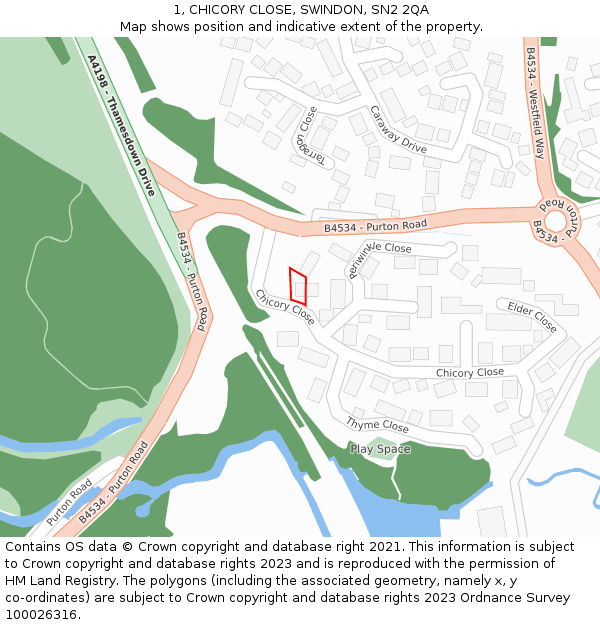 1, CHICORY CLOSE, SWINDON, SN2 2QA: Location map and indicative extent of plot