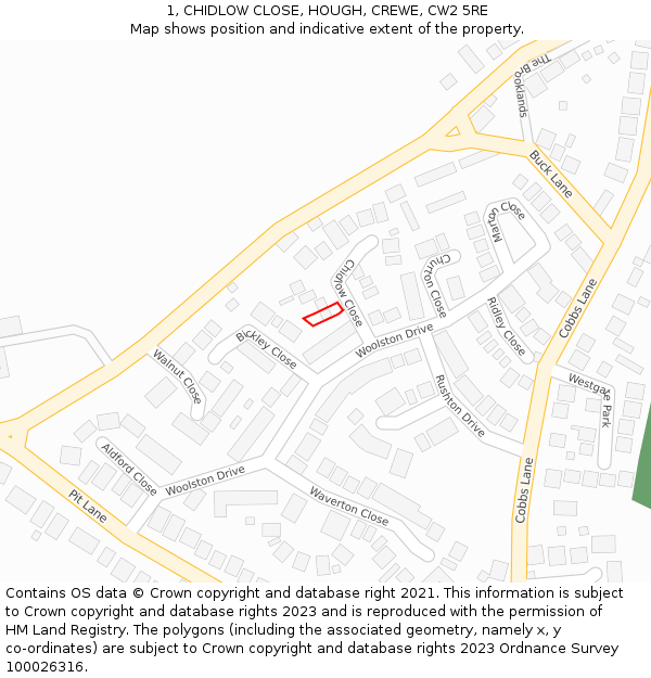 1, CHIDLOW CLOSE, HOUGH, CREWE, CW2 5RE: Location map and indicative extent of plot