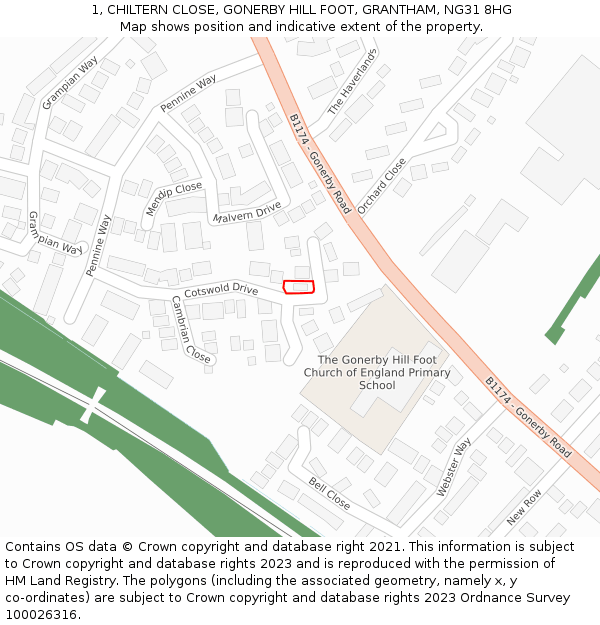 1, CHILTERN CLOSE, GONERBY HILL FOOT, GRANTHAM, NG31 8HG: Location map and indicative extent of plot