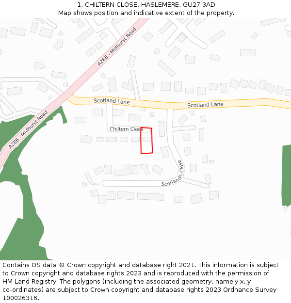 1, CHILTERN CLOSE, HASLEMERE, GU27 3AD: Location map and indicative extent of plot