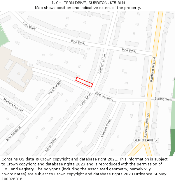 1, CHILTERN DRIVE, SURBITON, KT5 8LN: Location map and indicative extent of plot