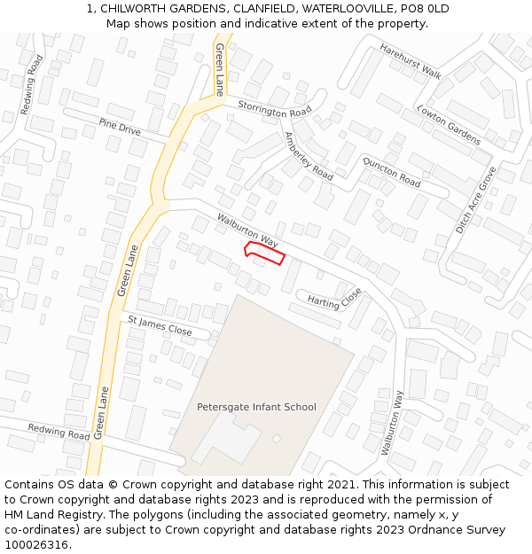 1, CHILWORTH GARDENS, CLANFIELD, WATERLOOVILLE, PO8 0LD: Location map and indicative extent of plot