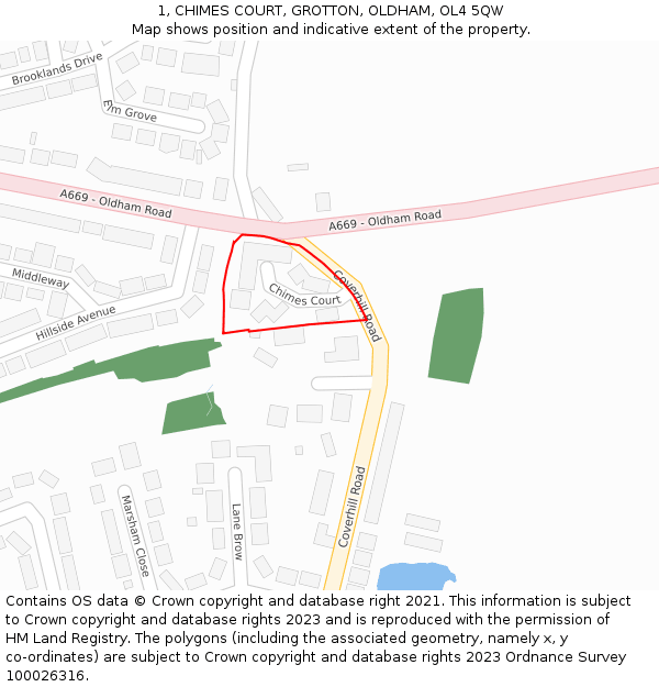 1, CHIMES COURT, GROTTON, OLDHAM, OL4 5QW: Location map and indicative extent of plot