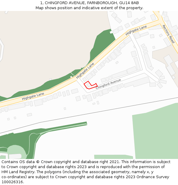 1, CHINGFORD AVENUE, FARNBOROUGH, GU14 8AB: Location map and indicative extent of plot