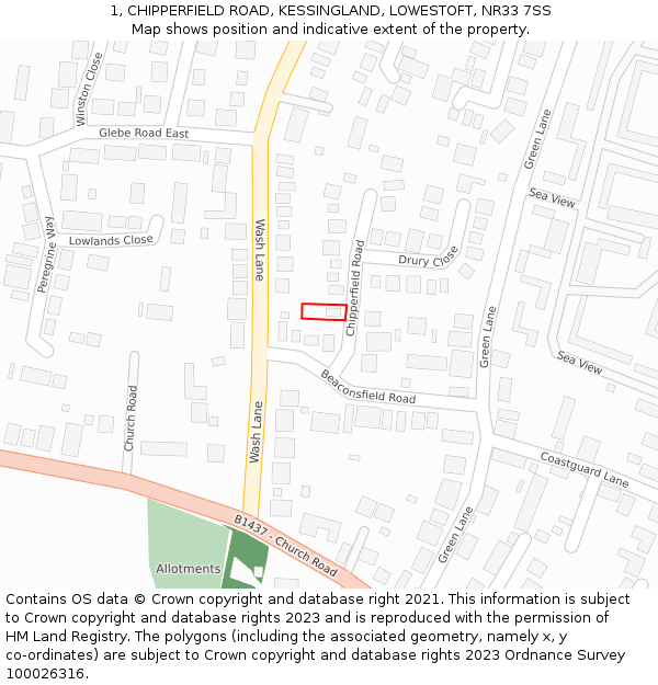 1, CHIPPERFIELD ROAD, KESSINGLAND, LOWESTOFT, NR33 7SS: Location map and indicative extent of plot