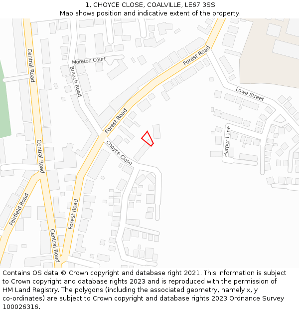 1, CHOYCE CLOSE, COALVILLE, LE67 3SS: Location map and indicative extent of plot