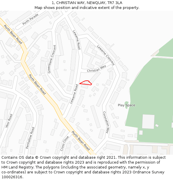 1, CHRISTIAN WAY, NEWQUAY, TR7 3LA: Location map and indicative extent of plot