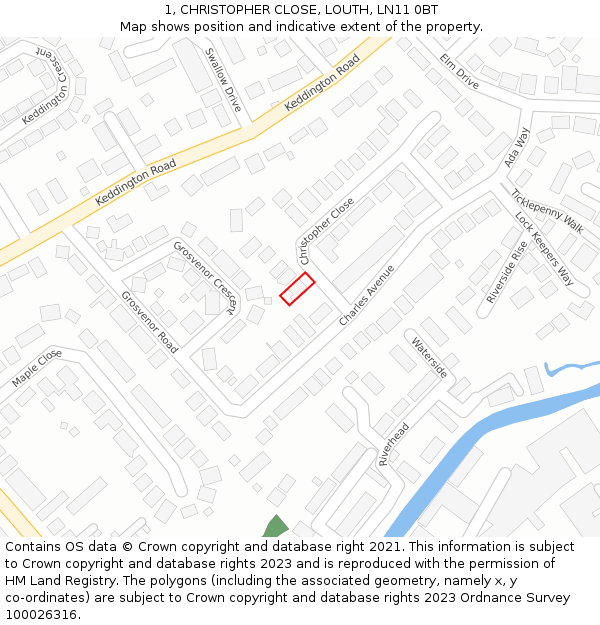 1, CHRISTOPHER CLOSE, LOUTH, LN11 0BT: Location map and indicative extent of plot