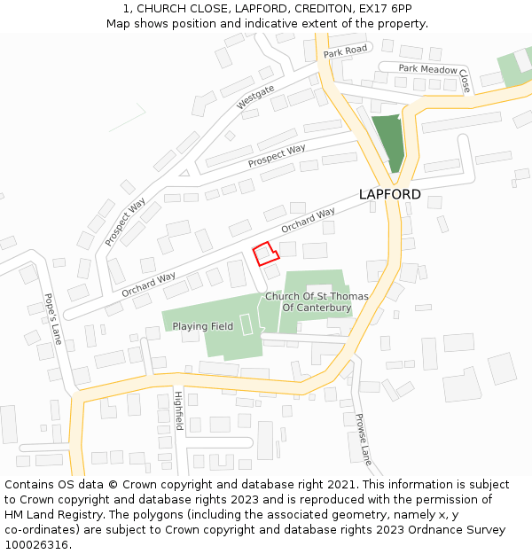 1, CHURCH CLOSE, LAPFORD, CREDITON, EX17 6PP: Location map and indicative extent of plot