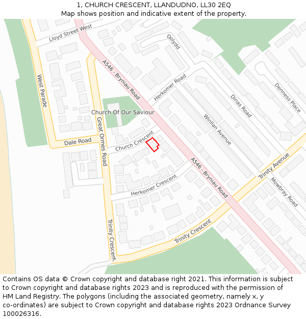 1, CHURCH CRESCENT, LLANDUDNO, LL30 2EQ: Location map and indicative extent of plot