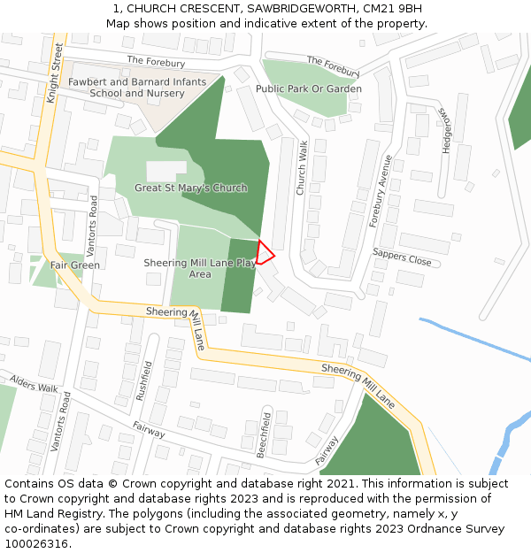 1, CHURCH CRESCENT, SAWBRIDGEWORTH, CM21 9BH: Location map and indicative extent of plot