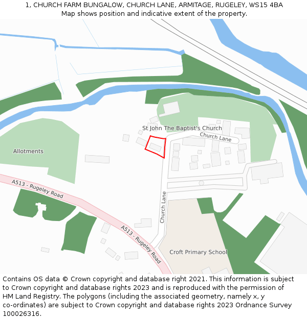 1, CHURCH FARM BUNGALOW, CHURCH LANE, ARMITAGE, RUGELEY, WS15 4BA: Location map and indicative extent of plot