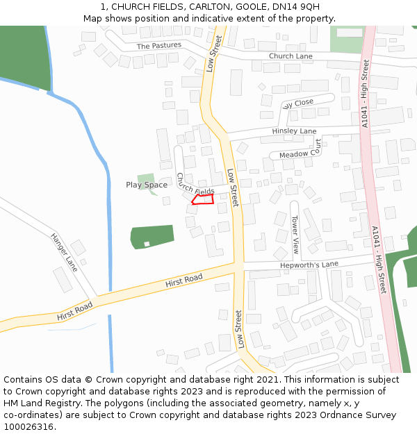 1, CHURCH FIELDS, CARLTON, GOOLE, DN14 9QH: Location map and indicative extent of plot