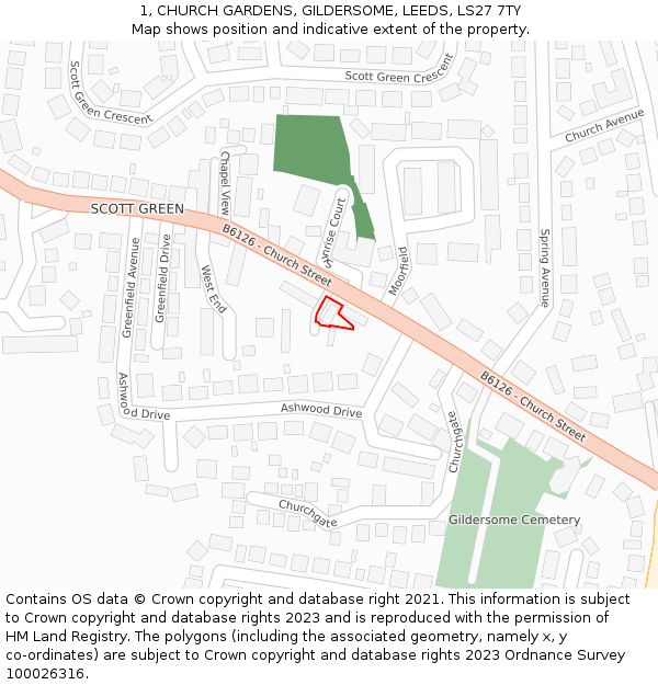 1, CHURCH GARDENS, GILDERSOME, LEEDS, LS27 7TY: Location map and indicative extent of plot