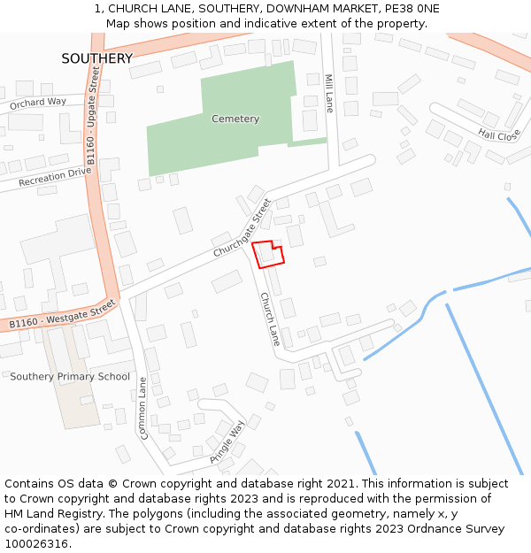 1, CHURCH LANE, SOUTHERY, DOWNHAM MARKET, PE38 0NE: Location map and indicative extent of plot