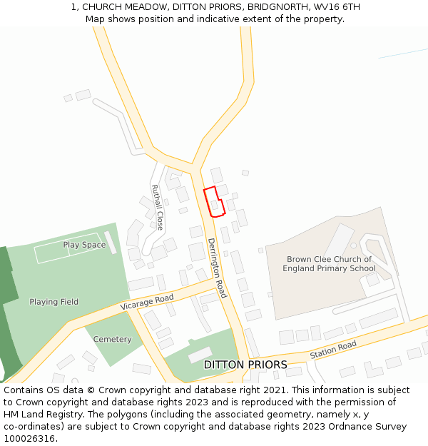 1, CHURCH MEADOW, DITTON PRIORS, BRIDGNORTH, WV16 6TH: Location map and indicative extent of plot