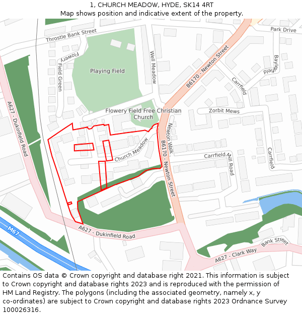 1, CHURCH MEADOW, HYDE, SK14 4RT: Location map and indicative extent of plot