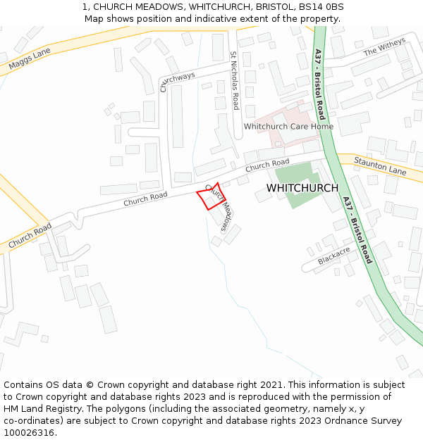 1, CHURCH MEADOWS, WHITCHURCH, BRISTOL, BS14 0BS: Location map and indicative extent of plot