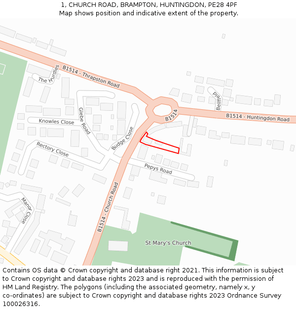 1, CHURCH ROAD, BRAMPTON, HUNTINGDON, PE28 4PF: Location map and indicative extent of plot