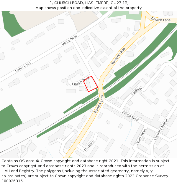 1, CHURCH ROAD, HASLEMERE, GU27 1BJ: Location map and indicative extent of plot