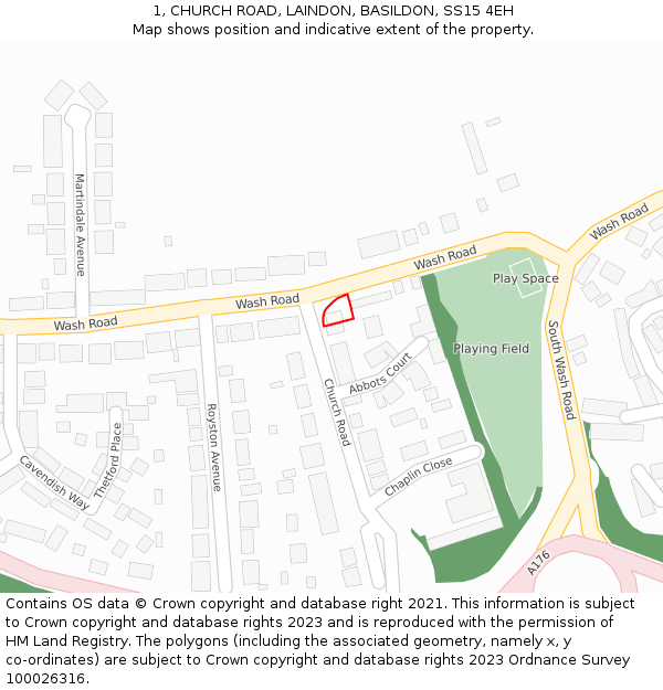 1, CHURCH ROAD, LAINDON, BASILDON, SS15 4EH: Location map and indicative extent of plot