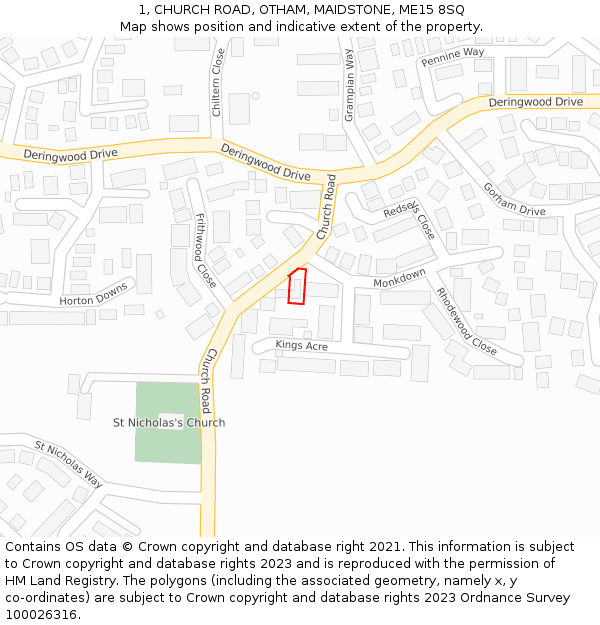 1, CHURCH ROAD, OTHAM, MAIDSTONE, ME15 8SQ: Location map and indicative extent of plot