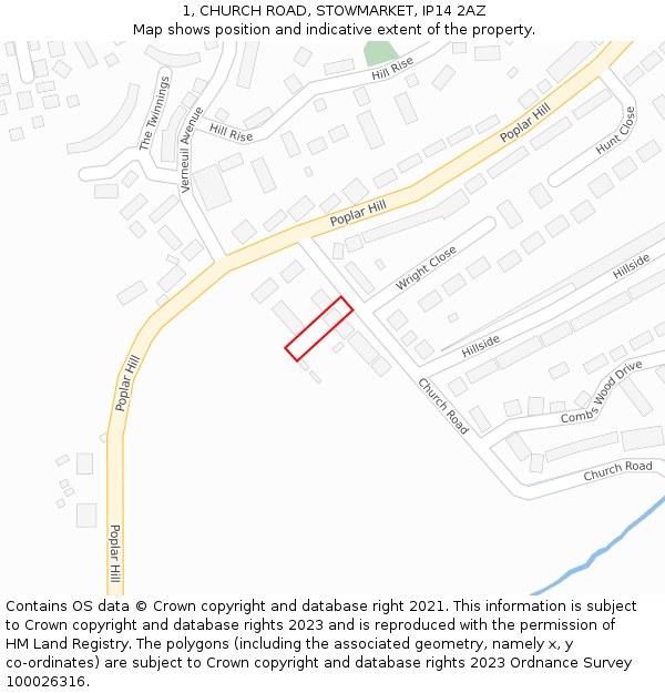 1, CHURCH ROAD, STOWMARKET, IP14 2AZ: Location map and indicative extent of plot