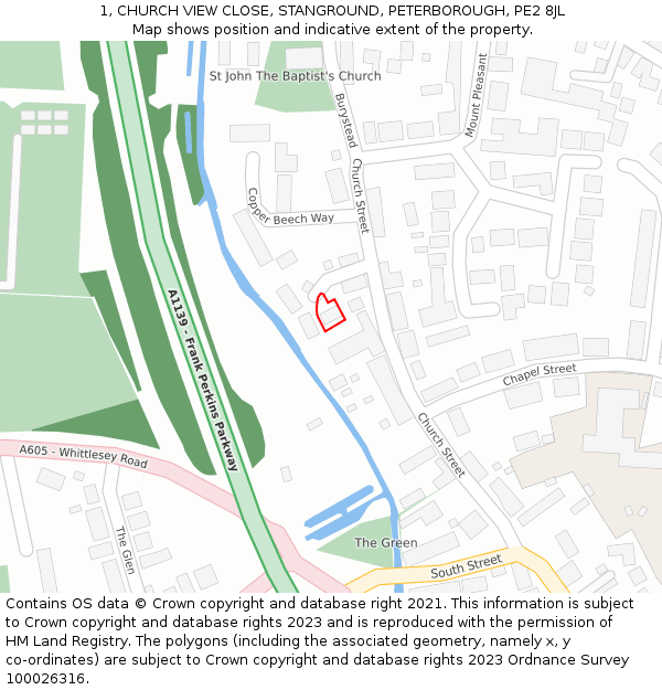 1, CHURCH VIEW CLOSE, STANGROUND, PETERBOROUGH, PE2 8JL: Location map and indicative extent of plot