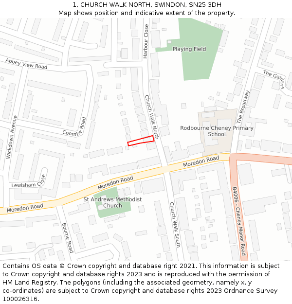 1, CHURCH WALK NORTH, SWINDON, SN25 3DH: Location map and indicative extent of plot