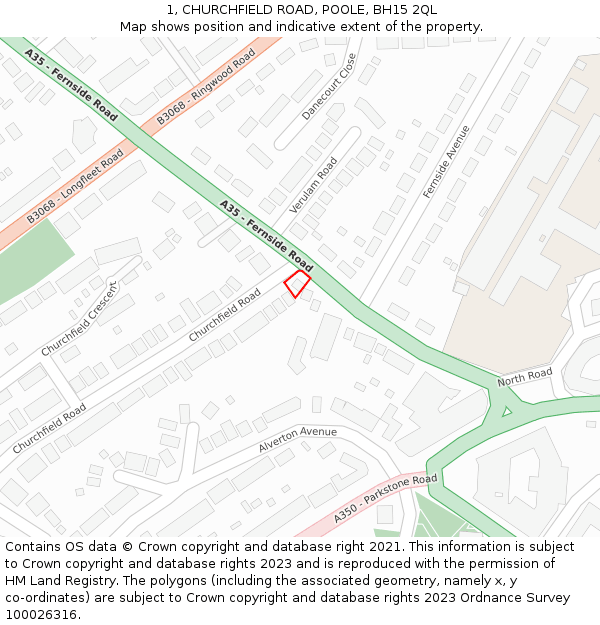 1, CHURCHFIELD ROAD, POOLE, BH15 2QL: Location map and indicative extent of plot