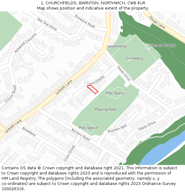 1, CHURCHFIELDS, BARNTON, NORTHWICH, CW8 4UR: Location map and indicative extent of plot