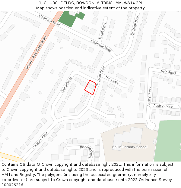 1, CHURCHFIELDS, BOWDON, ALTRINCHAM, WA14 3PL: Location map and indicative extent of plot