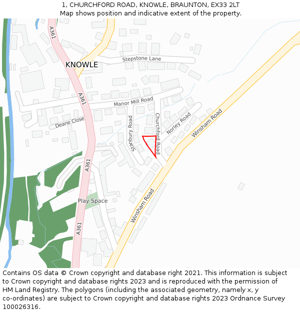 1, CHURCHFORD ROAD, KNOWLE, BRAUNTON, EX33 2LT: Location map and indicative extent of plot