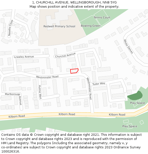 1, CHURCHILL AVENUE, WELLINGBOROUGH, NN8 5YG: Location map and indicative extent of plot