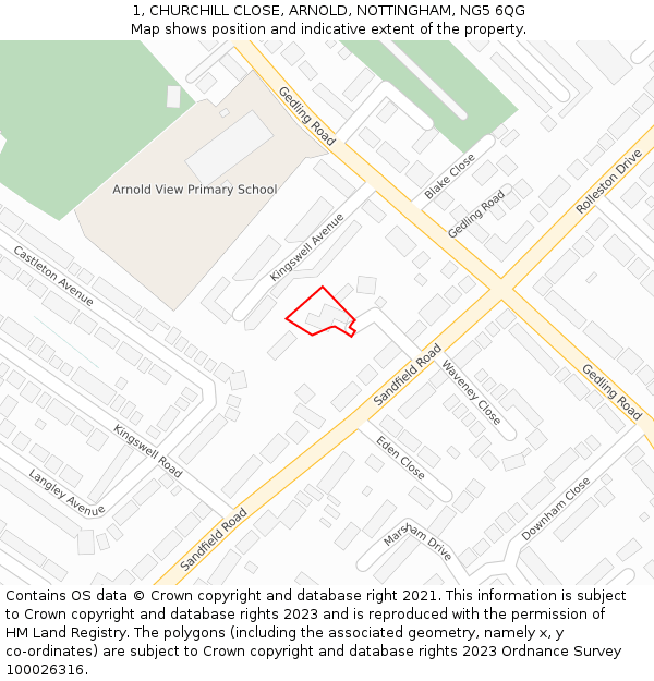 1, CHURCHILL CLOSE, ARNOLD, NOTTINGHAM, NG5 6QG: Location map and indicative extent of plot