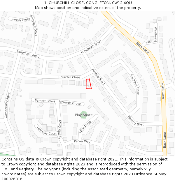 1, CHURCHILL CLOSE, CONGLETON, CW12 4QU: Location map and indicative extent of plot