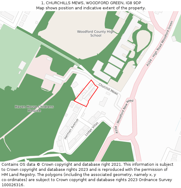 1, CHURCHILLS MEWS, WOODFORD GREEN, IG8 9DP: Location map and indicative extent of plot