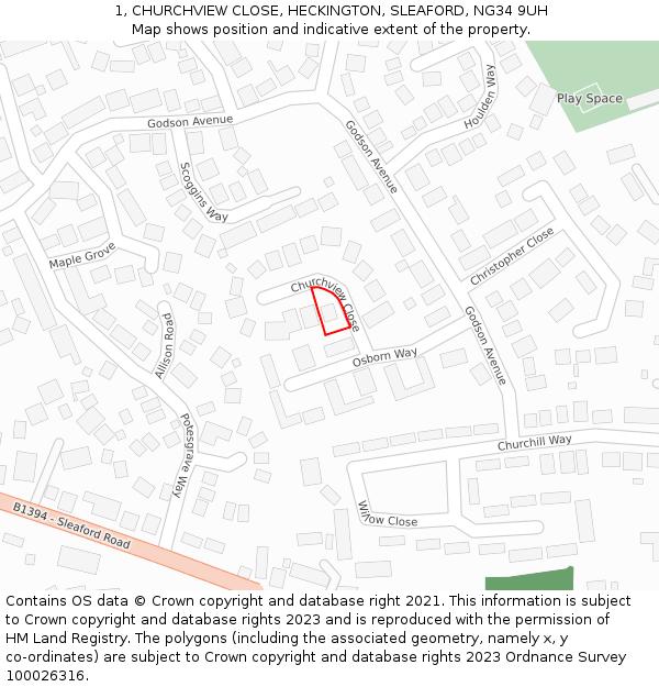 1, CHURCHVIEW CLOSE, HECKINGTON, SLEAFORD, NG34 9UH: Location map and indicative extent of plot