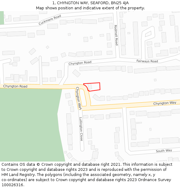 1, CHYNGTON WAY, SEAFORD, BN25 4JA: Location map and indicative extent of plot