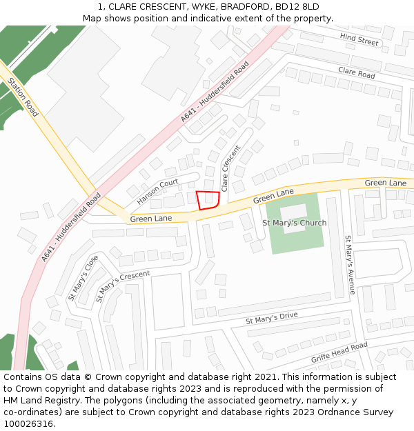 1, CLARE CRESCENT, WYKE, BRADFORD, BD12 8LD: Location map and indicative extent of plot