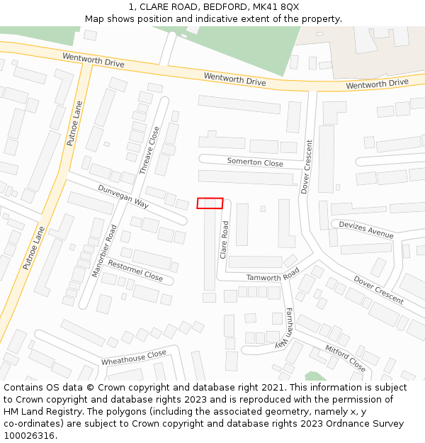 1, CLARE ROAD, BEDFORD, MK41 8QX: Location map and indicative extent of plot